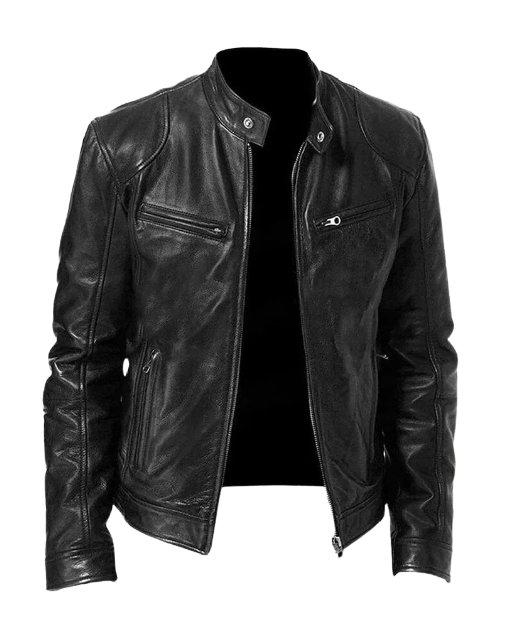 Veste en cuir Danoir Paris™ avec col montant et fermeture éclair, élégante et sophistiquée, portée sur un mannequin.