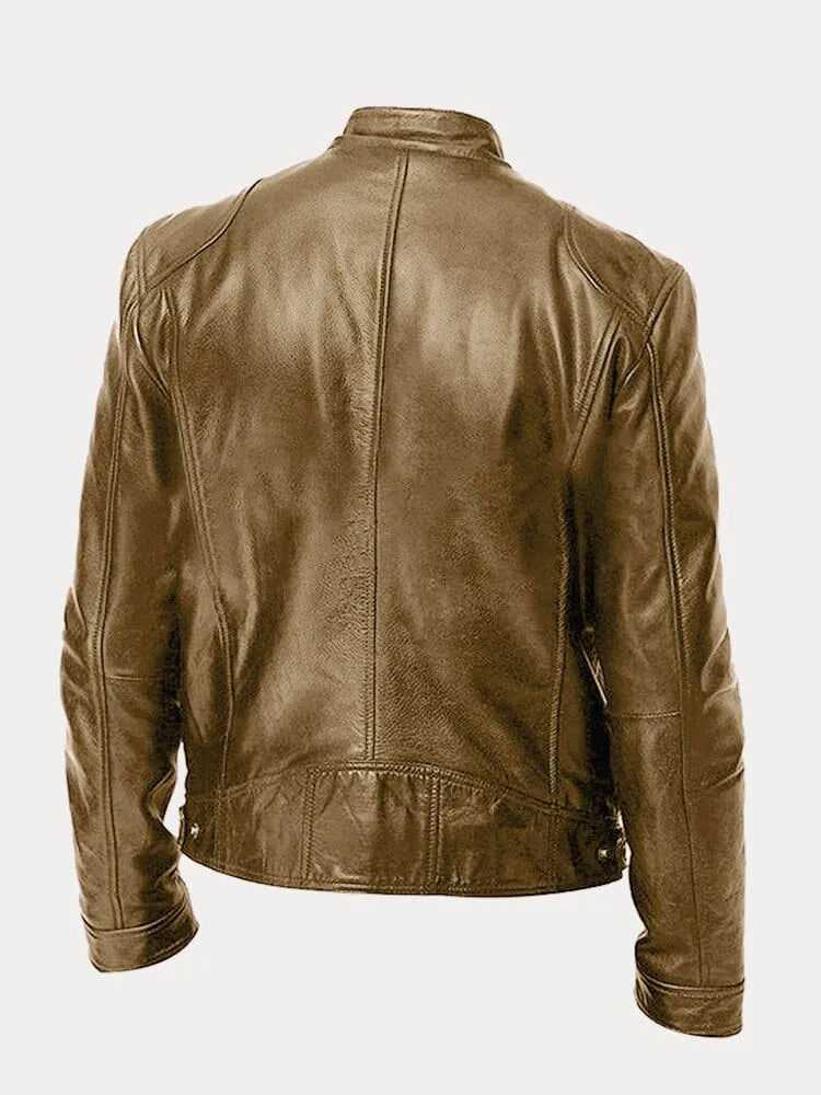 Veste en cuir Danoir Paris™ de couleur beige clair, coupe classique avec col et manches longues, vue de face.