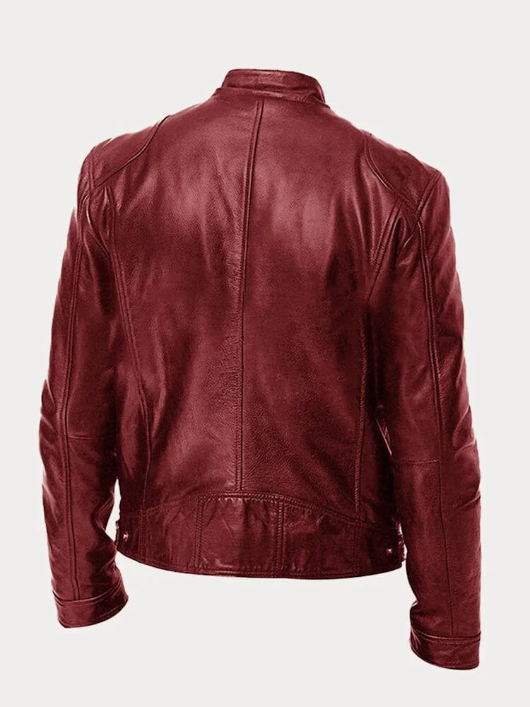 Veste en cuir Danoir Paris™ noire avec col montant et poches latérales, vue de face sur fond blanc.