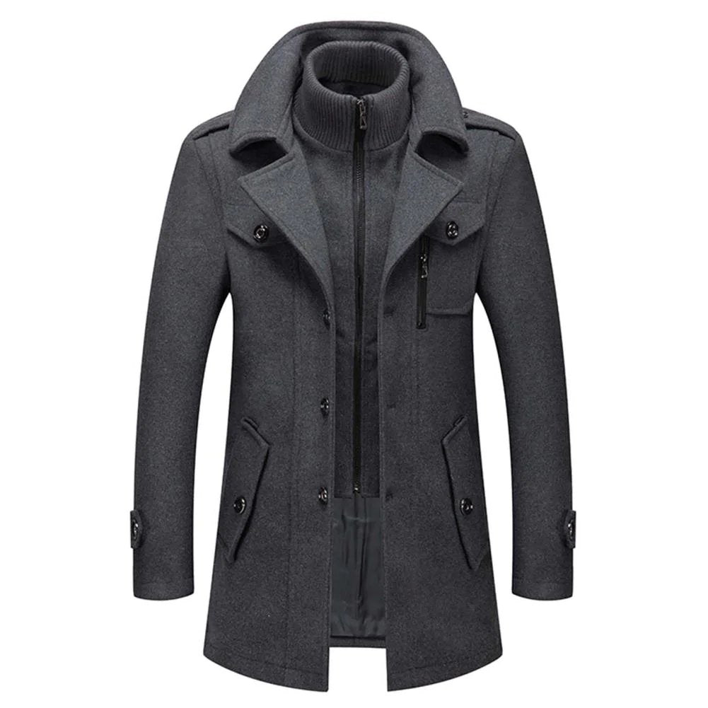 Manteau homme Danoir Paris Élite en tissu chaud, style élégant avec fermeture à boutons et col classique.