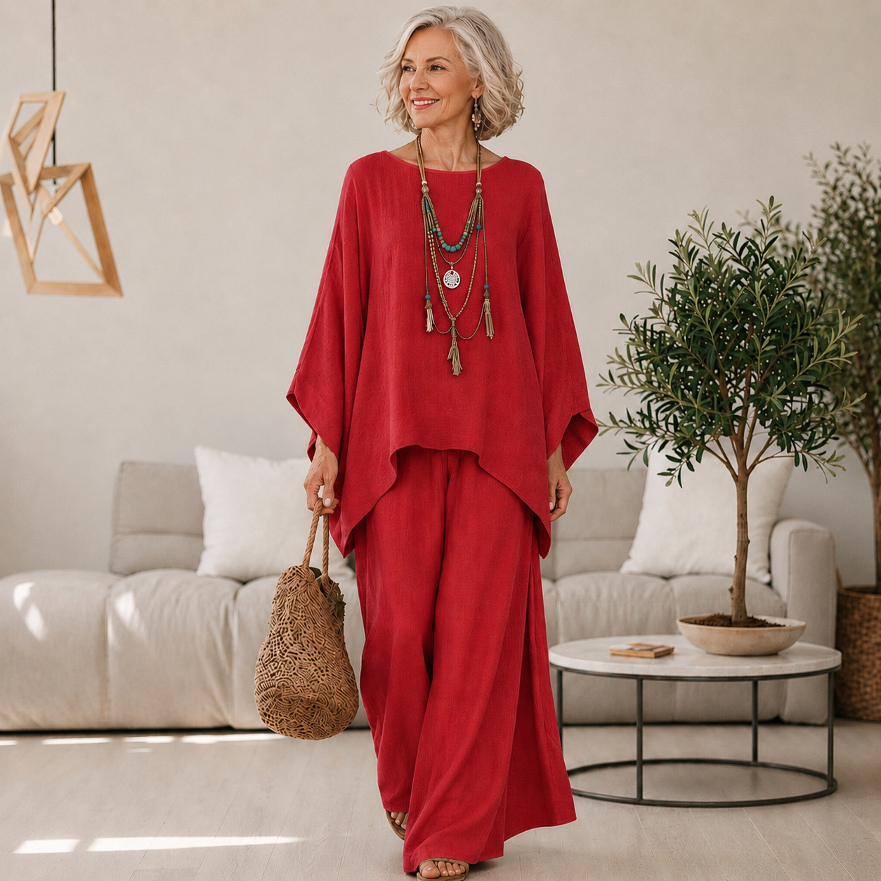 Ensemble Celeste™ Danoir Paris en rouge-orange, vêtements de luxe décontractés, tissu fluide et élégant.