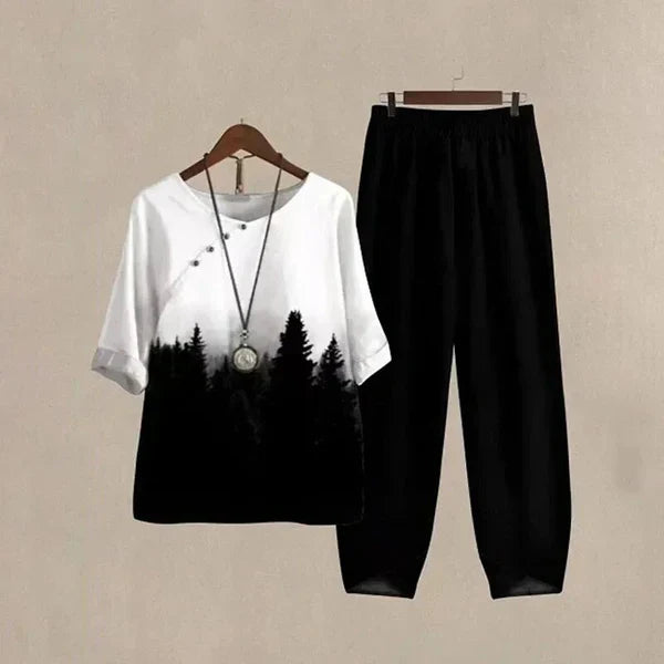 Ensemble chemise et pantalon confortable et chic Lilou de Danoir Paris, en tissu noir forêt, élégant et décontracté.
