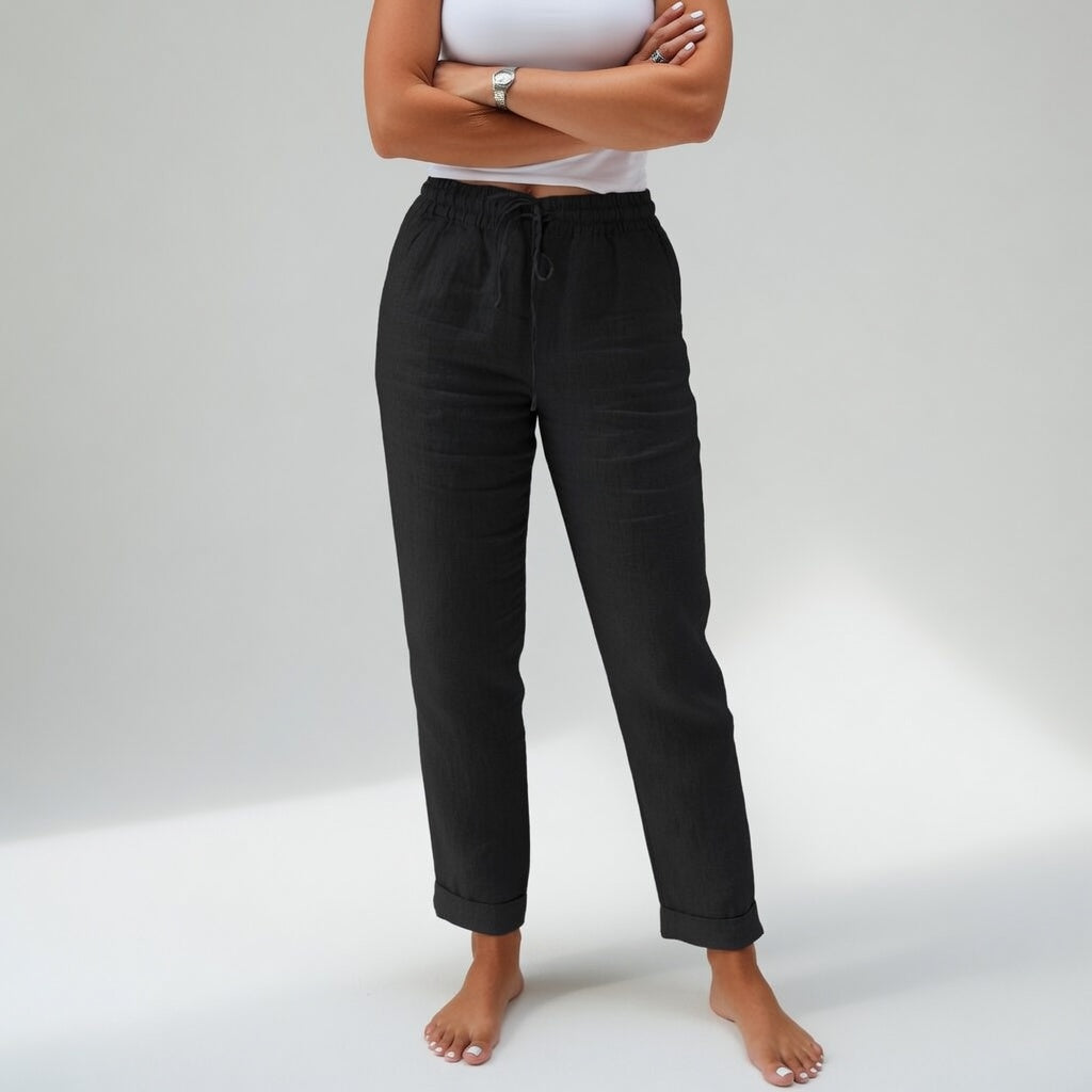 Pantalon femme Albertine™ en coton fluide noir, confort naturel, tendance et léger, par Danoir Paris.