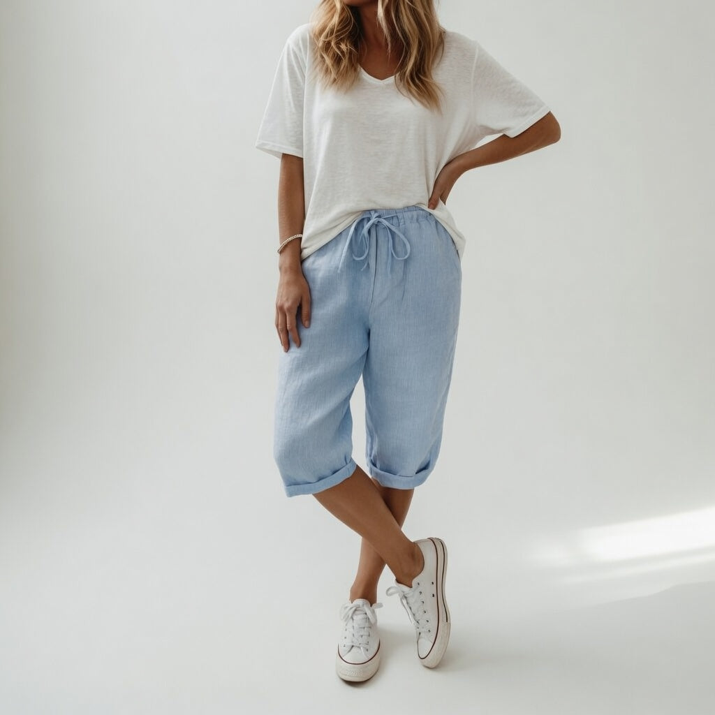 Pantalon décontracté Fernande™ Bermuda pour femmes en coton bleu clair, style estival, de la marque Danoir Paris.
