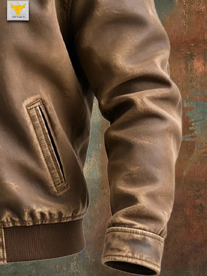 Veste en cuir vieilli marron Danoir Paris, style classique, avec fermeture à boutons et col en cuir, vue de face.