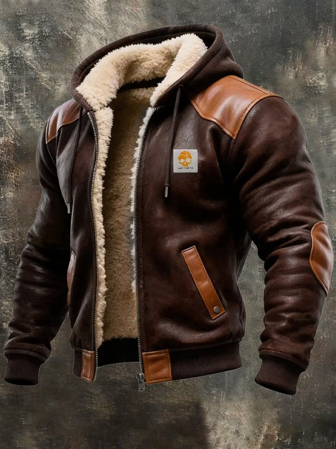 Veste vintage chaude en daim et cuir Danoir Paris, style élégant avec détails en cuir brun et doublure douillette.