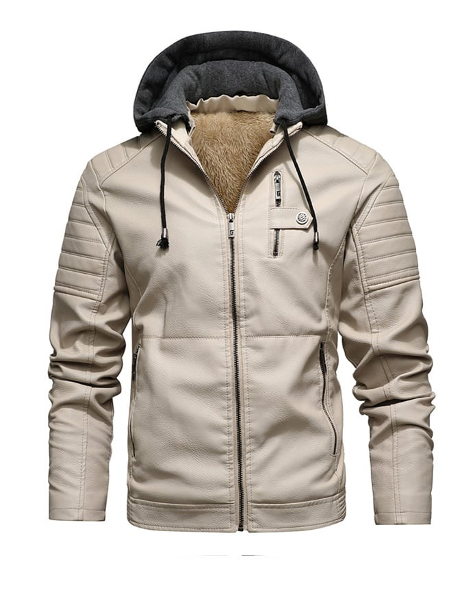 Veste zippée effet cuir avec capuche doublée, marque Danoir Paris, style élégant et chaud, portée en extérieur.
