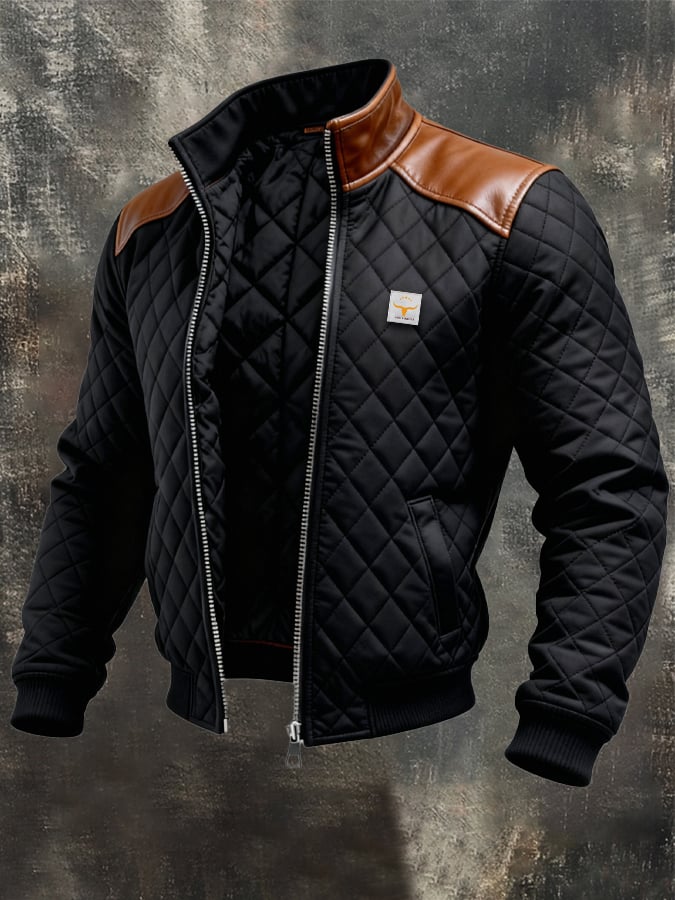 Veste matelassée noire Danoir Paris avec épaules en cuir, style élégant et moderne, vue de face sur un mannequin.
