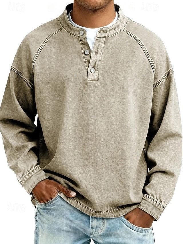Chemise à manches longues Henley Danoir Paris Amir, en tissu lavé, avec col boutonné, style décontracté et chic.