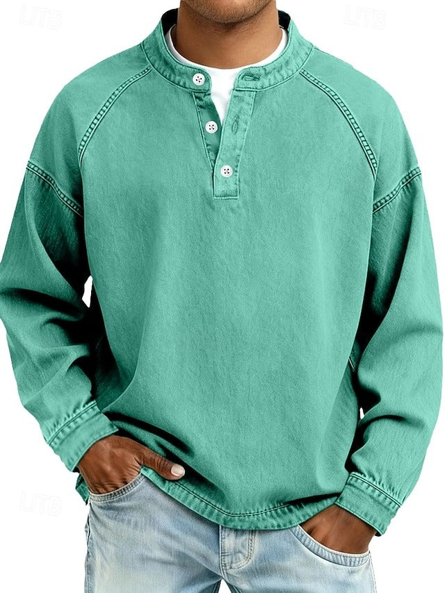 Chemise à manches longues Henley Danoir Paris Amir en tissu lavé, détail de col boutonné et finition décontractée.