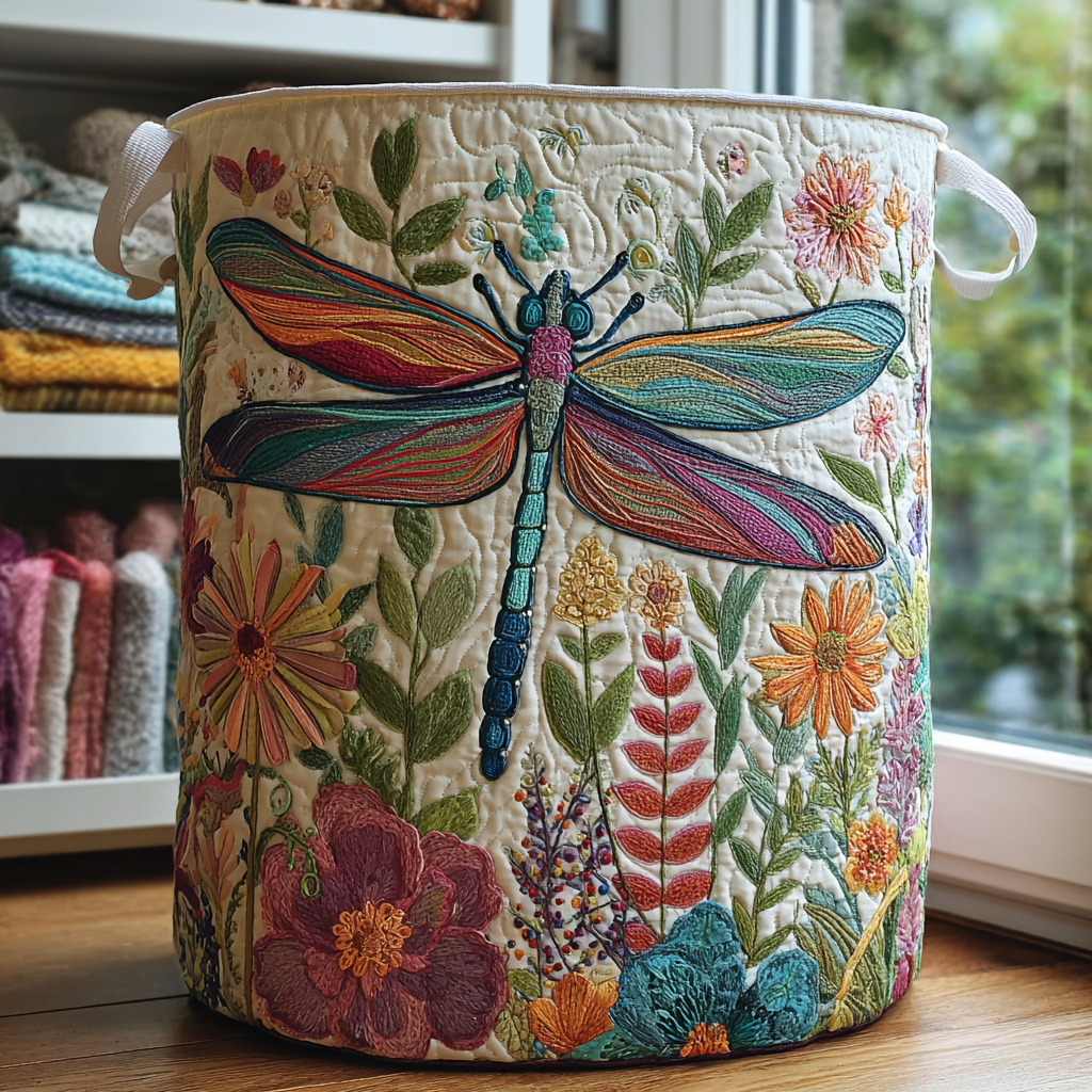 Panier à linge matelassé Dragonfly Garden de Danoir Paris, design élégant avec motif de libellules pour la chambre ou la buanderie.