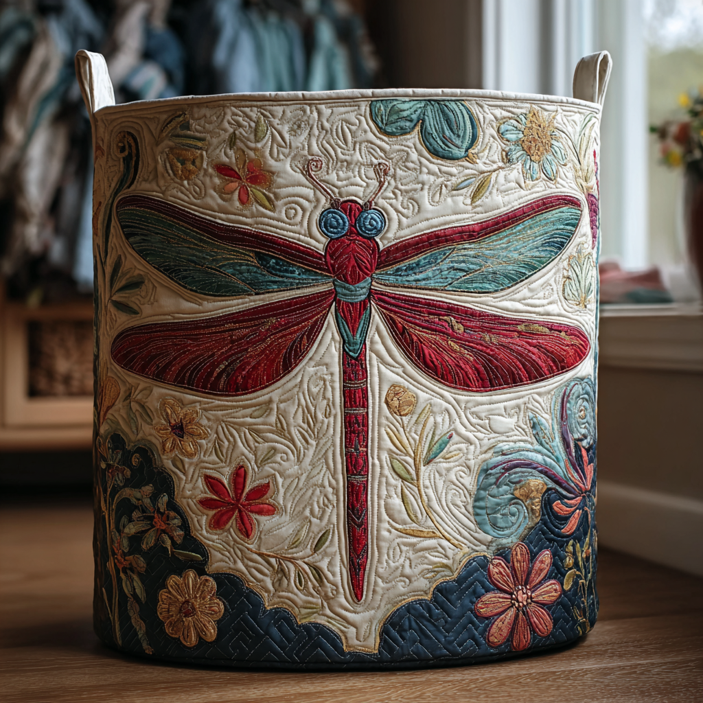 Panier à linge matelassé Dragonfly de Danoir Paris, panier à linge en tissu quilté avec motif dragonfly, pratique et élégant.