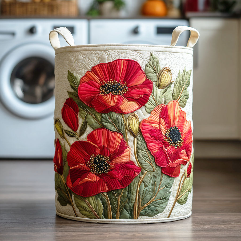 Panier à linge matelassé Danoir Paris Poppy Scarlet Dream, design floral rouge, idéal pour rangement élégant.