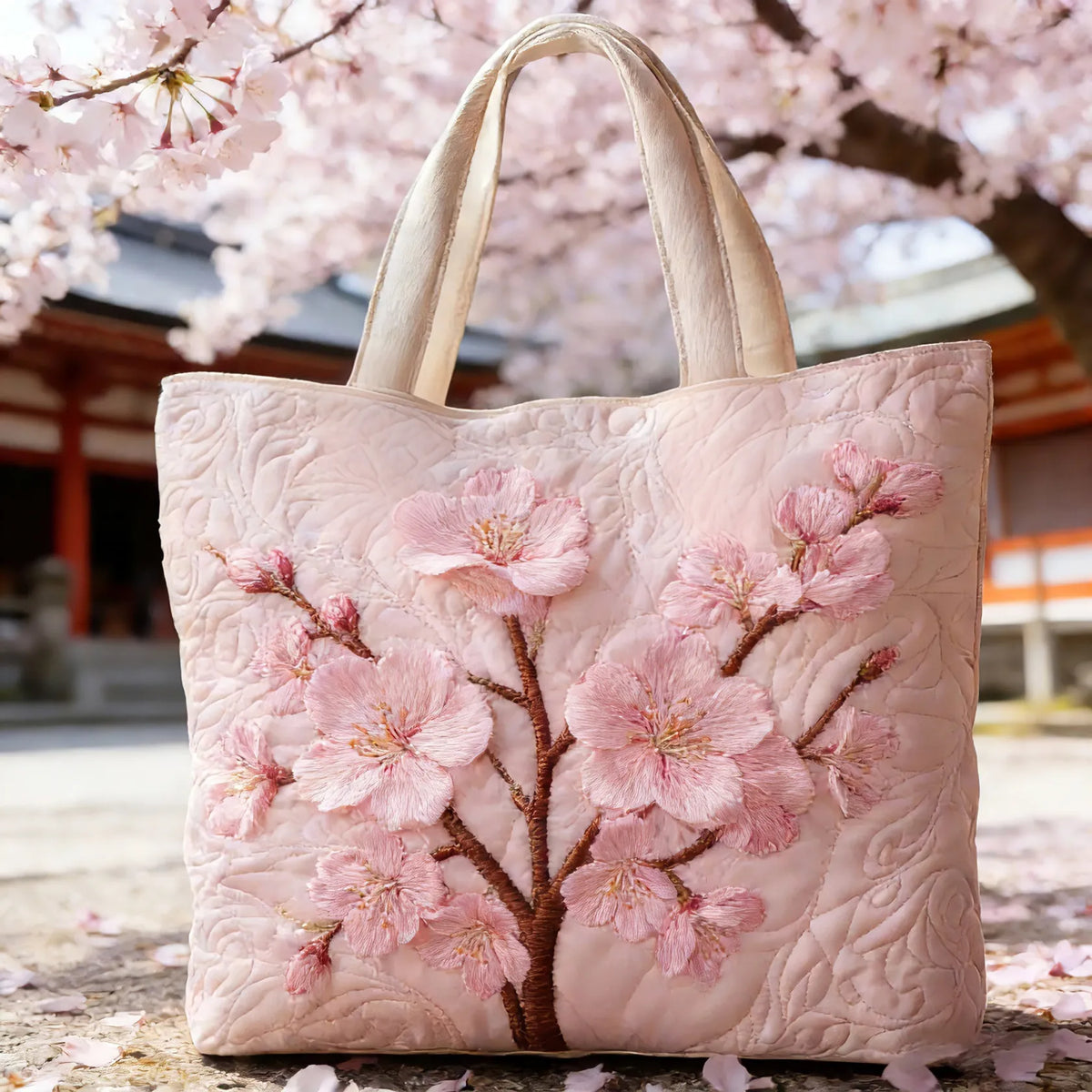 Sac à main tote quilting Blossom Serenity de Danoir Paris, fabriqué à la main, en tissu avec motif floral et finitions élégantes.