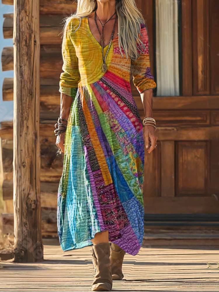Robe longue Bohémien Danoir Paris avec motif soleil, manches longues, style décontracté et élégant pour l'été.