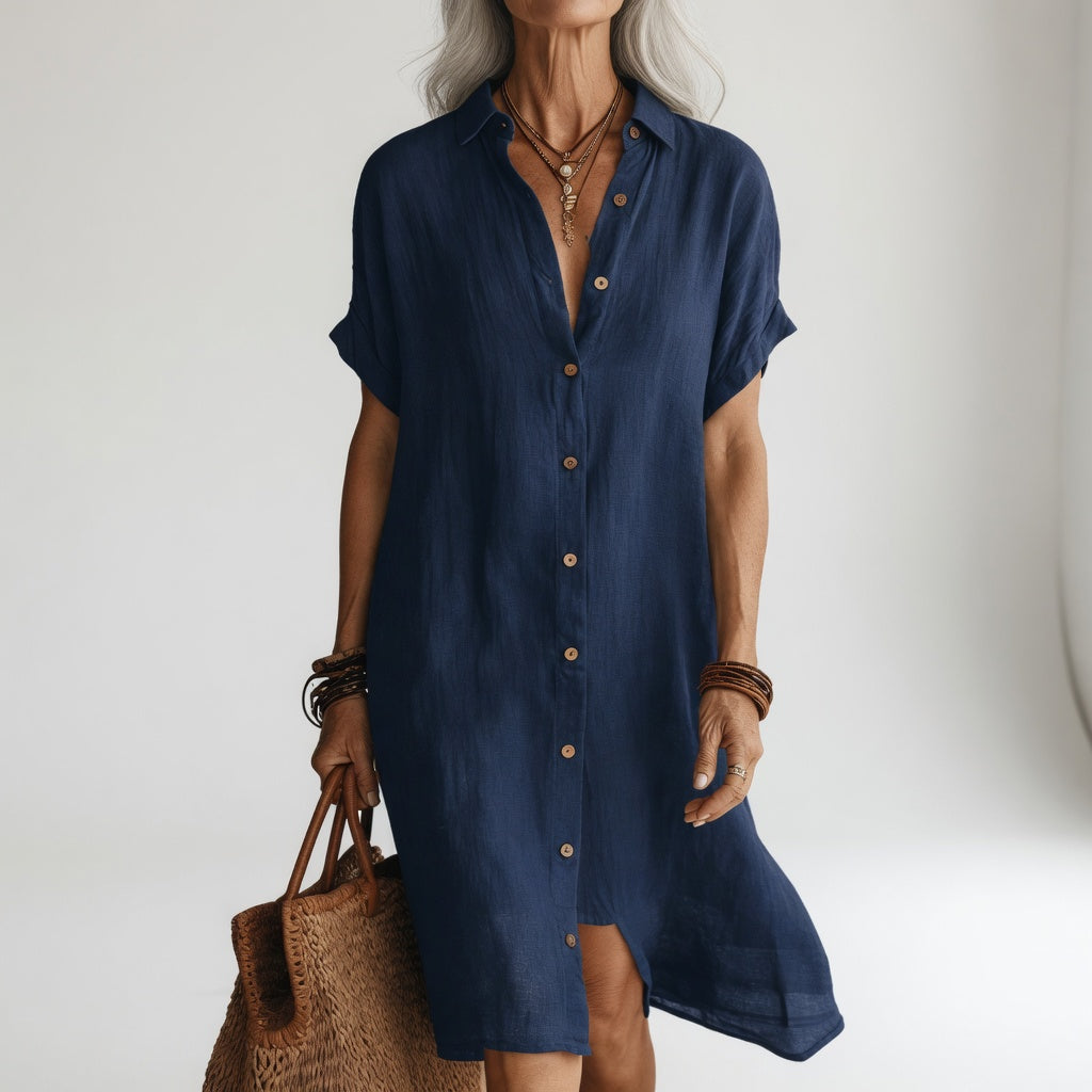 Robe chemise midi respirante Timéa™ de Danoir Paris, élégance parisienne, tissu léger et fluide, vue de face sur mannequin.