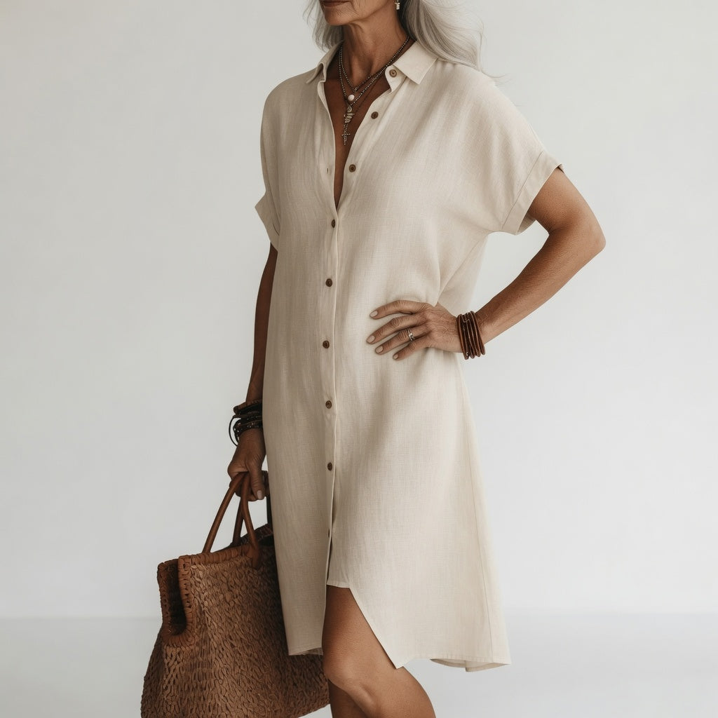 Robe chemise midi respirante Timéa™ de Danoir Paris, élégante avec tissu léger, portée avec manches longues et ceinture à la taille.
