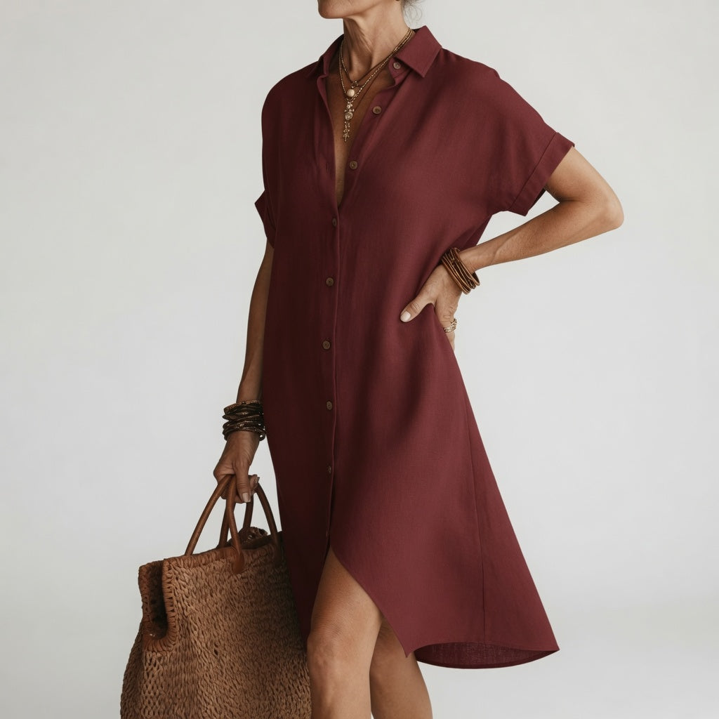 Robe chemise midi respirante Timéa™ de Danoir Paris avec élégance parisienne, tissu fluide et détail sophistiqué.
