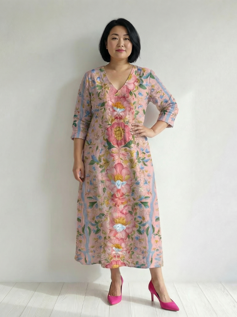 Robe d'été Julien Danoir Paris avec tissu léger et élégant, portée par une mannequin dans un décor estival naturel.