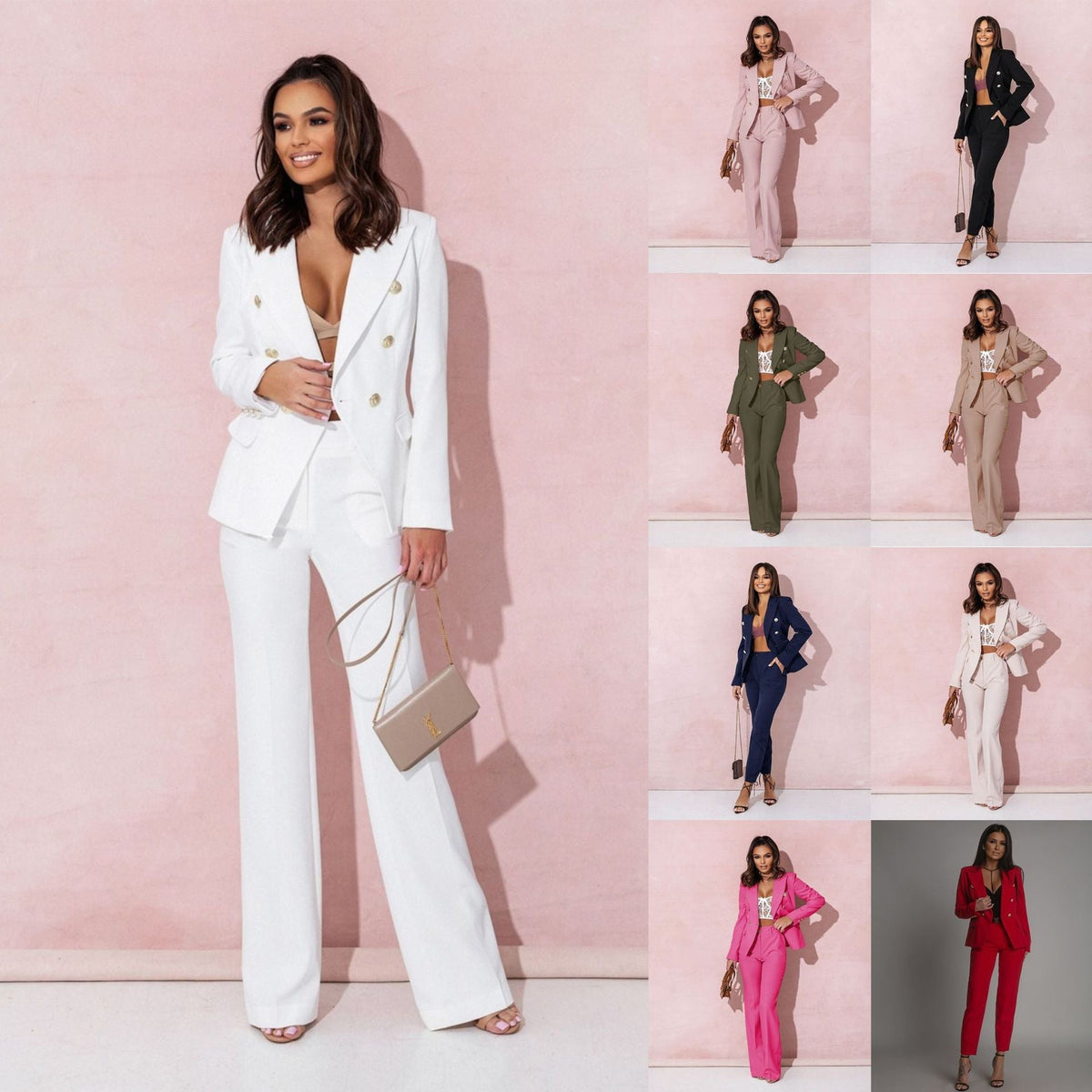 Costume croisé élégant Elvire de Danoir Paris, en tissu rose pâle avec détails sophistiqués, porté par un mannequin.