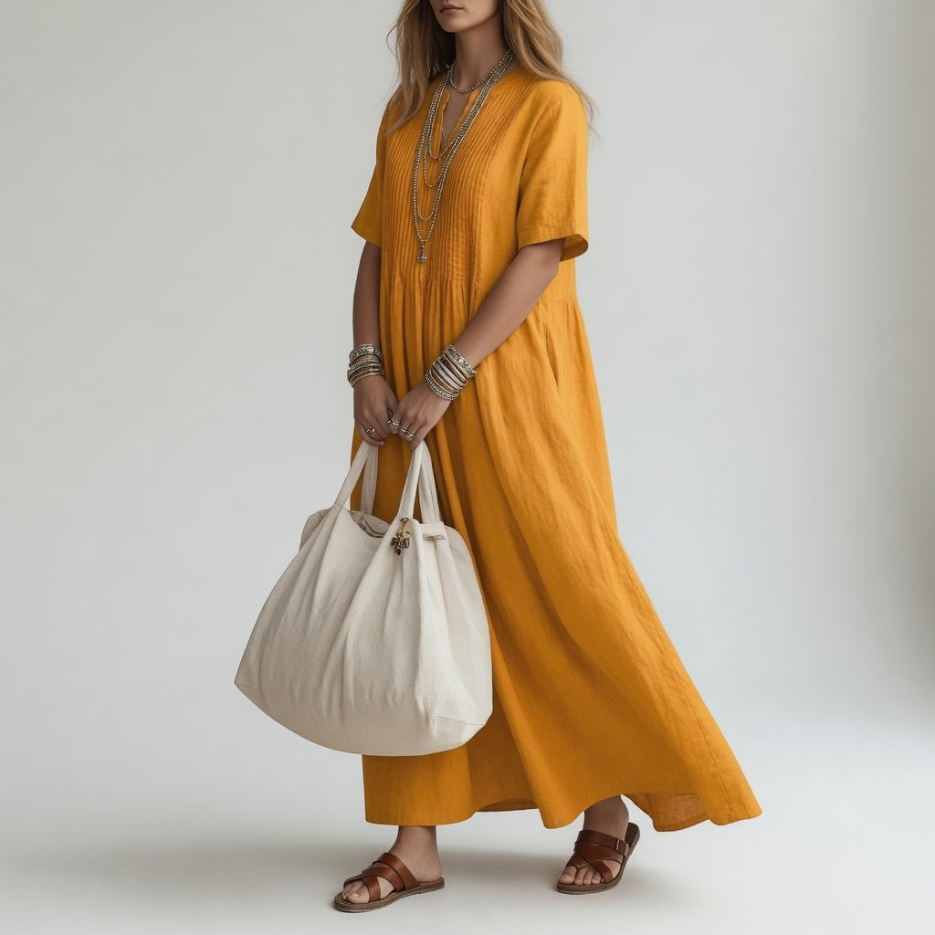 Robe longue en coton Pélagie™ de Danoir Paris, col en V, jaune, style estival et léger pour la liberté estivale.
