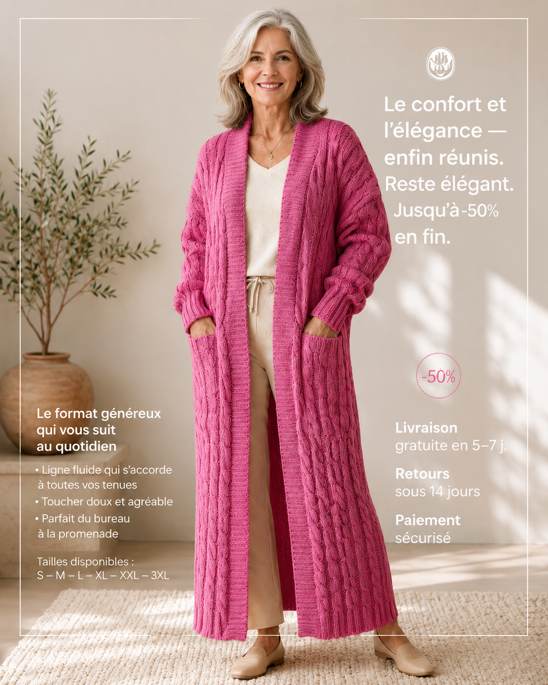 Cardigan en maille rose Danoir Paris à double boutonnage, manches longues et style élégant, porté sur un mannequin.
