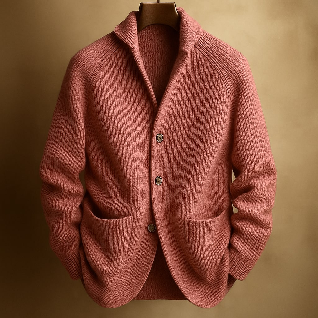 Cardigan pour homme en laine côtelée Danoir Paris, léger et chaud, avec finition côtelée, porté par un mannequin.