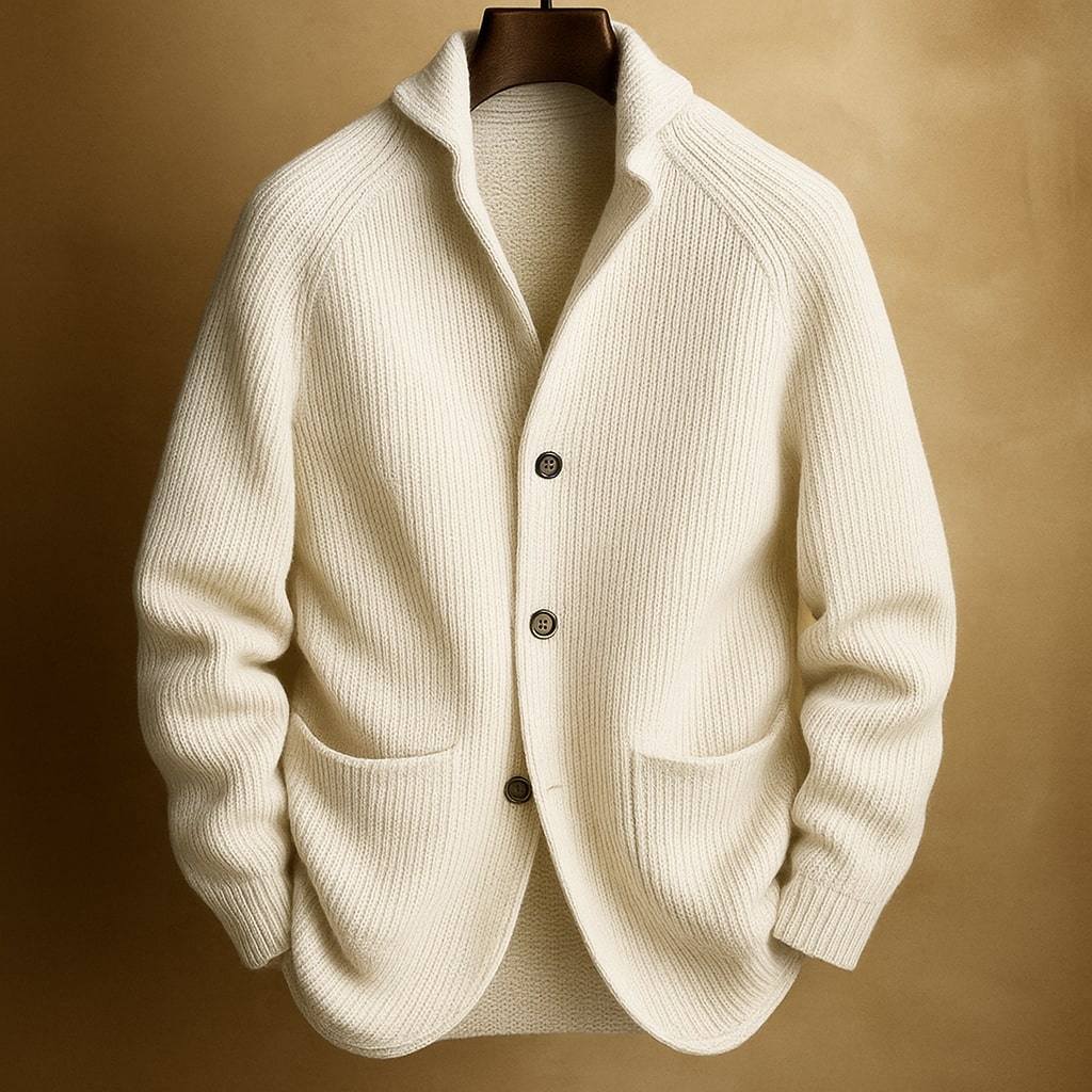 Cardigan pour homme en laine côtelée Danoir Paris, léger et chaud, avec un col en V et des manches longues.