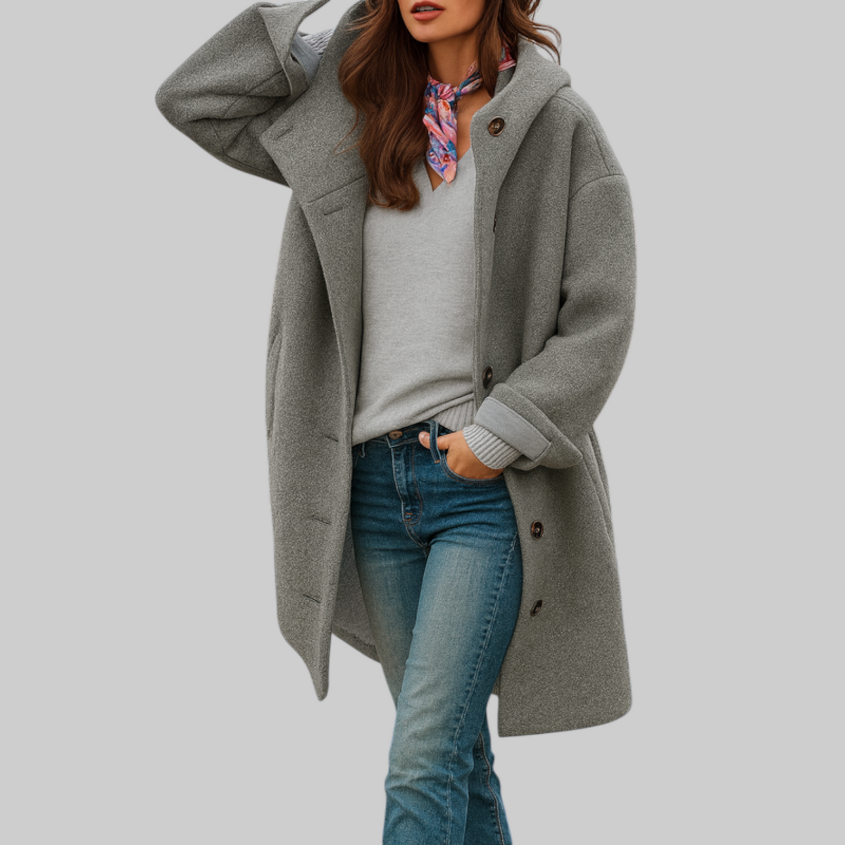 Manteau quotidien Freja de longueur moyenne en rose de Danoir Paris, look confortable et élégant, porté sur un mannequin.