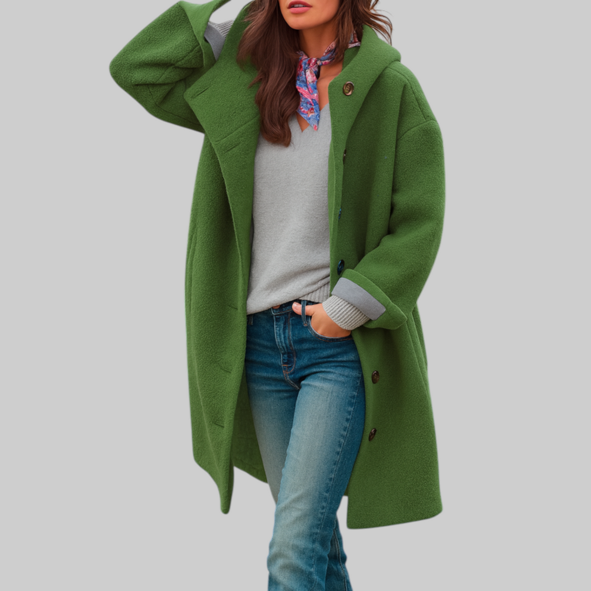 Manteau quotidien Freja de Danoir Paris, longueur moyenne, coupe confortable, en tissu rose avec détails élégants.