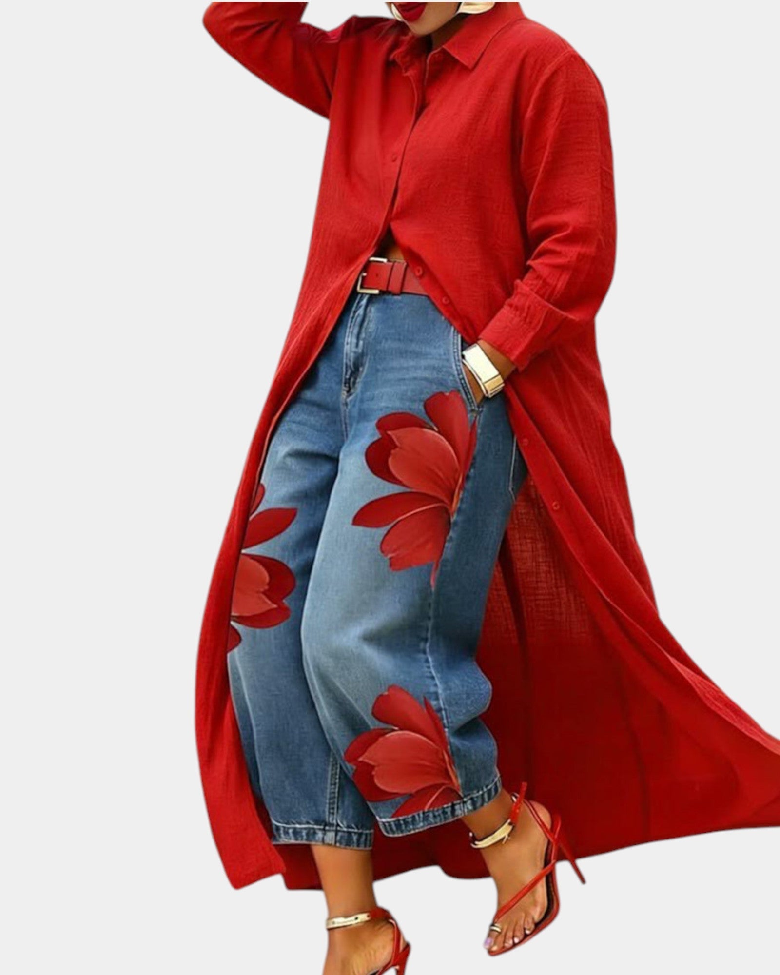 Ensemble robe et pantalon en jean large Danoir Paris, mannequin portant la tenue avec détails visibles.