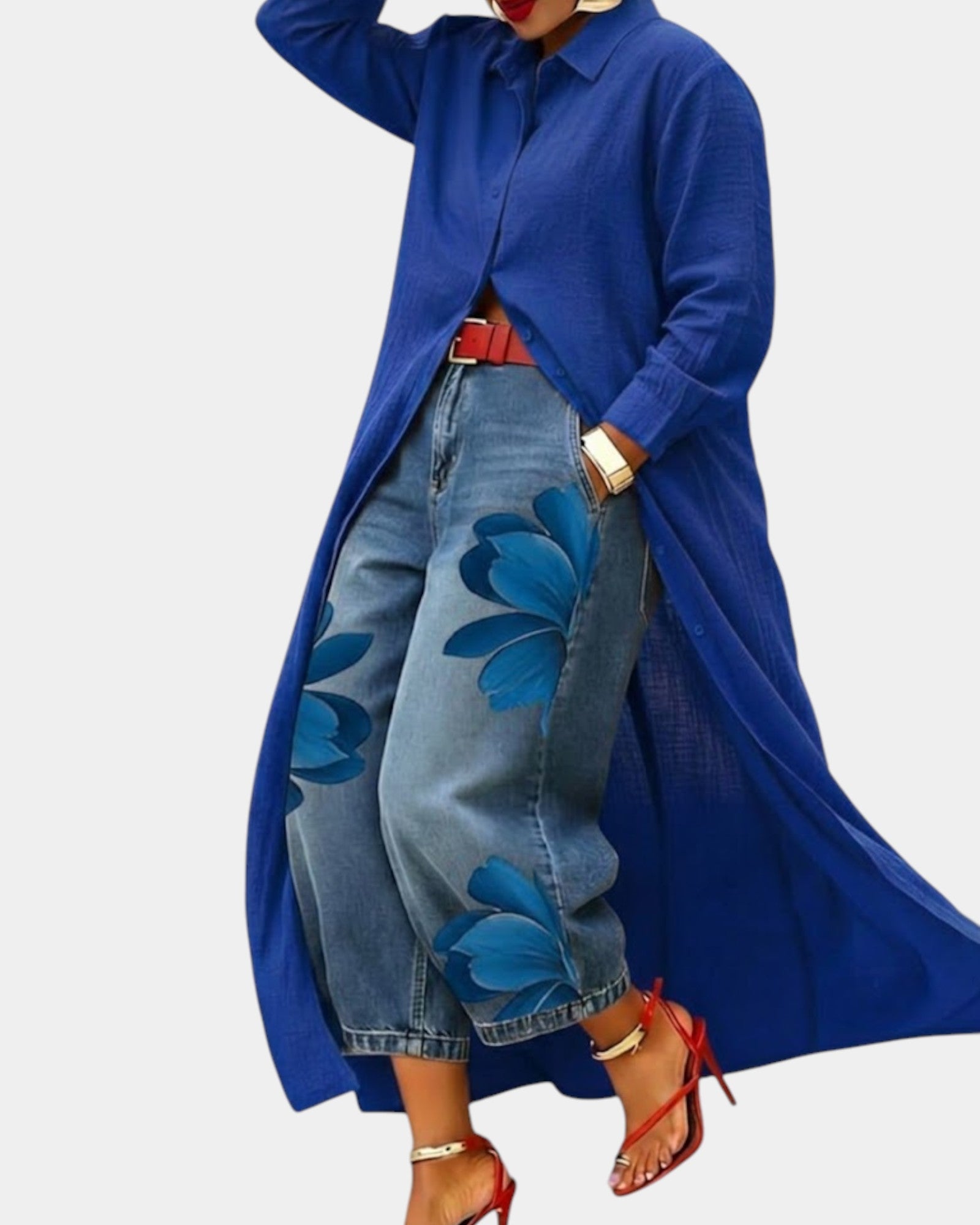 Ensemble robe et pantalon en jean large Danoir Paris, vue de face avec détails du tissu et coupe décontractée.
