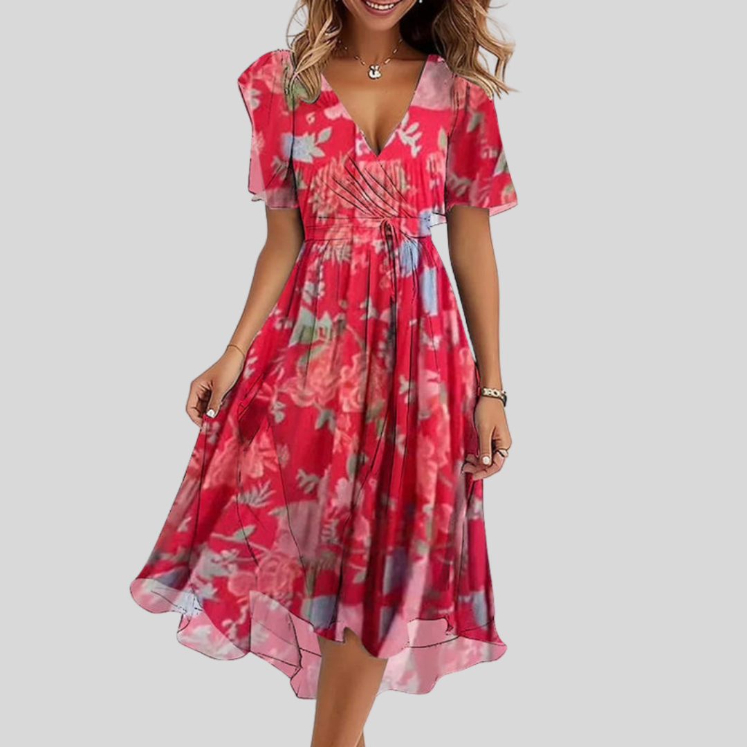 Robe d’été élégante Naomie de Danoir Paris, tissu léger, coupe fluide, couleur claire, portée avec accessoires.