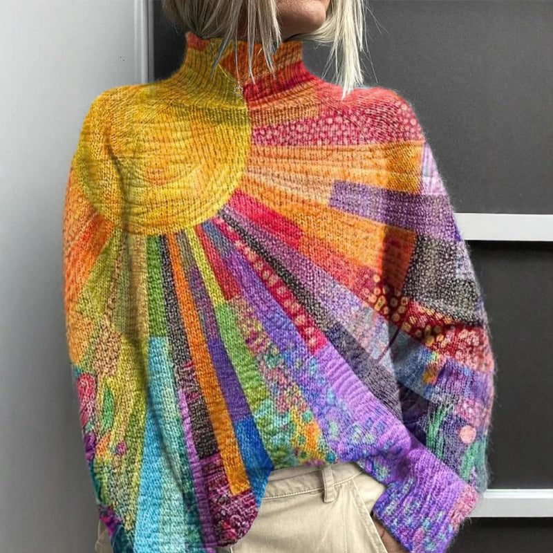 Pull col roulé coloré et joyeux Danoir Paris, en laine douce, avec motif vif et coupe ajustée, porté par un mannequin.