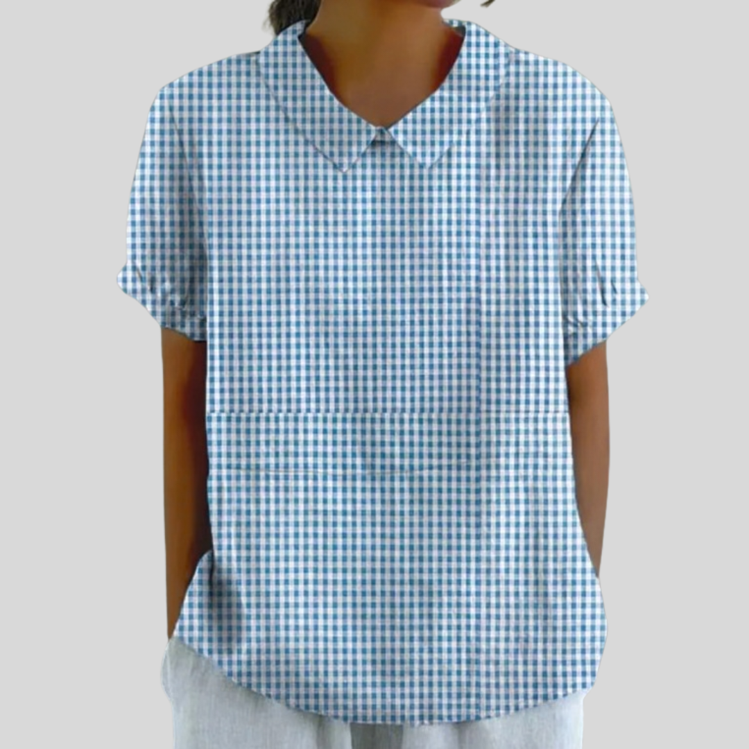 Blouse à carreaux classiques Adèle de Danoir Paris, vêtement en tissu léger avec col et manches longues, style élégant et décontracté.