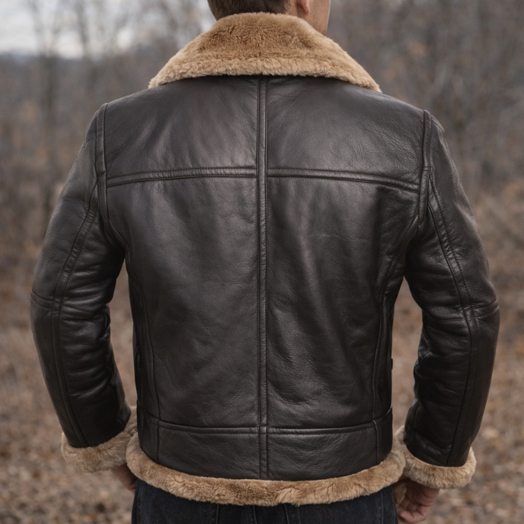 Veste aviateur en cuir d’agneau premium Danoir Paris avec doublure teddy, détails de finition élégants et style classique.