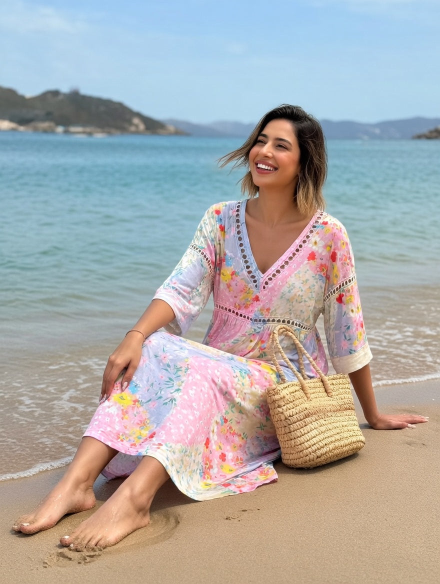 Robe fluide à fleurs Lysiane™ de Danoir Paris, charme estival, tissu léger et design élégant, portée en extérieur.