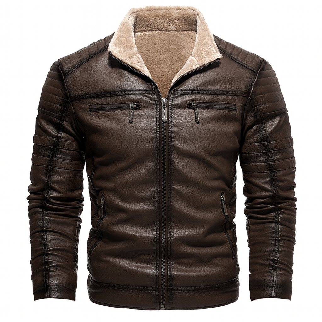 Veste d’hiver pour homme Danoir Paris en similicuir doublé chaudement, avec col et fermeture éclair, vue de face.