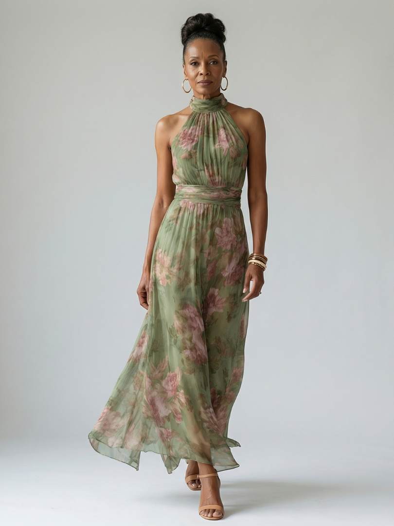 Robe midi verte sage Danoir Paris Mirelle à encolure halter avec fronces, style élégant et féminin, vue de face.