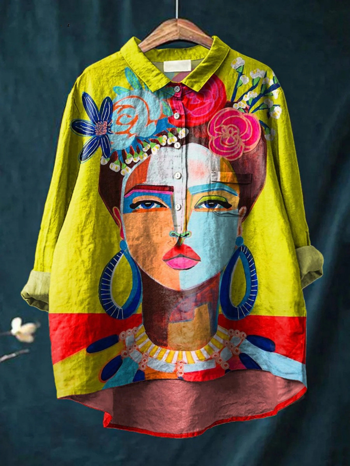 Chemise jaune Danoir Paris Eugen Art Portrait Freda, chemise homme avec motif artistique, vue de face.