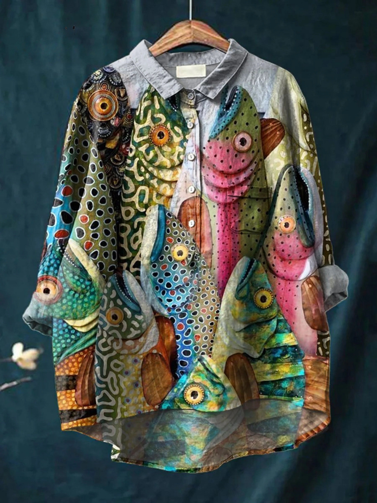 Chemise multicolore Danoir Paris Anneliese avec motif poisson vintage, style amusant et décontracté pour femme.