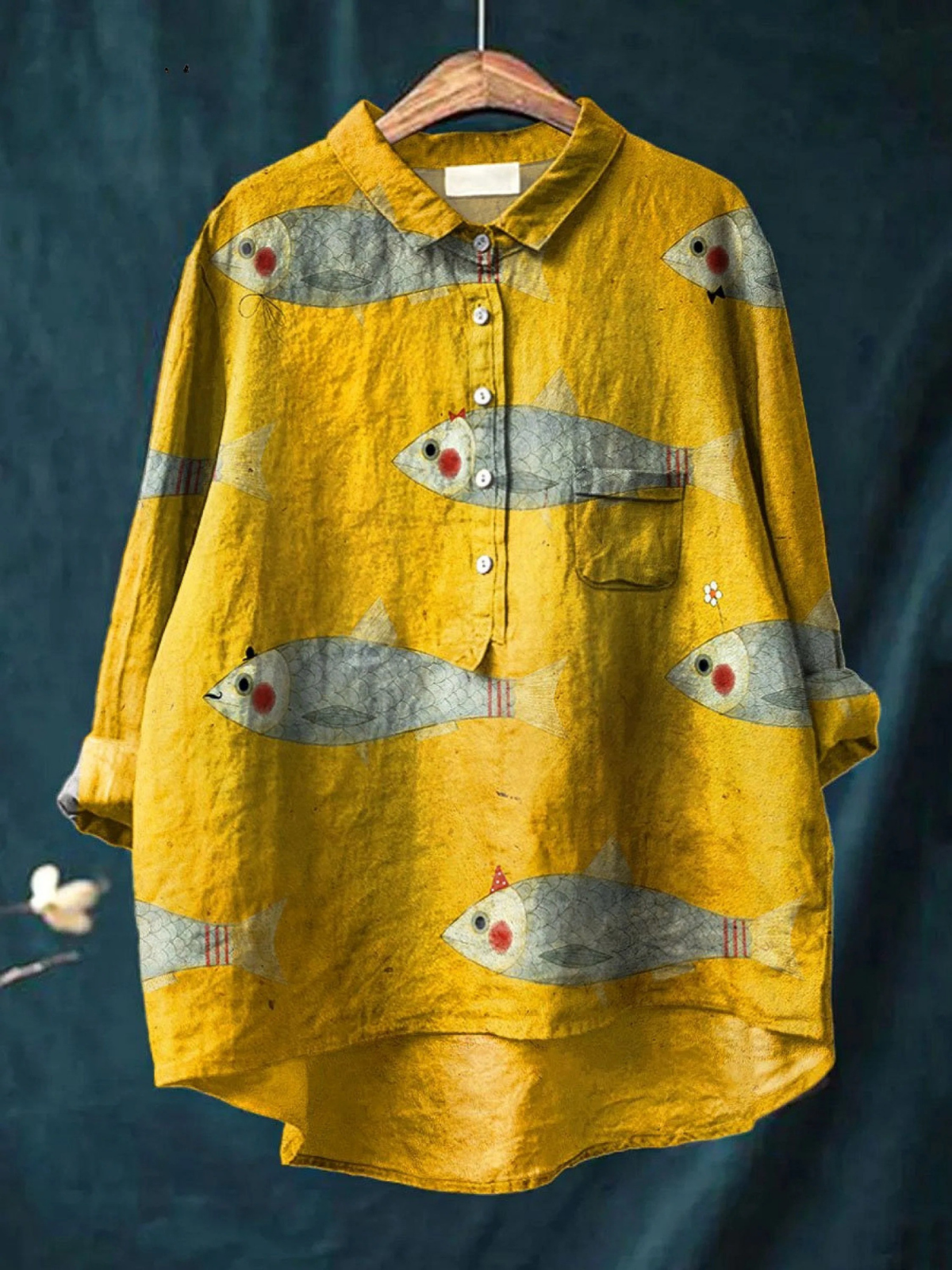 Chemise vintage Danoir Paris Felicity avec motif poisson multicolore, tissu léger et style élégant pour femme.