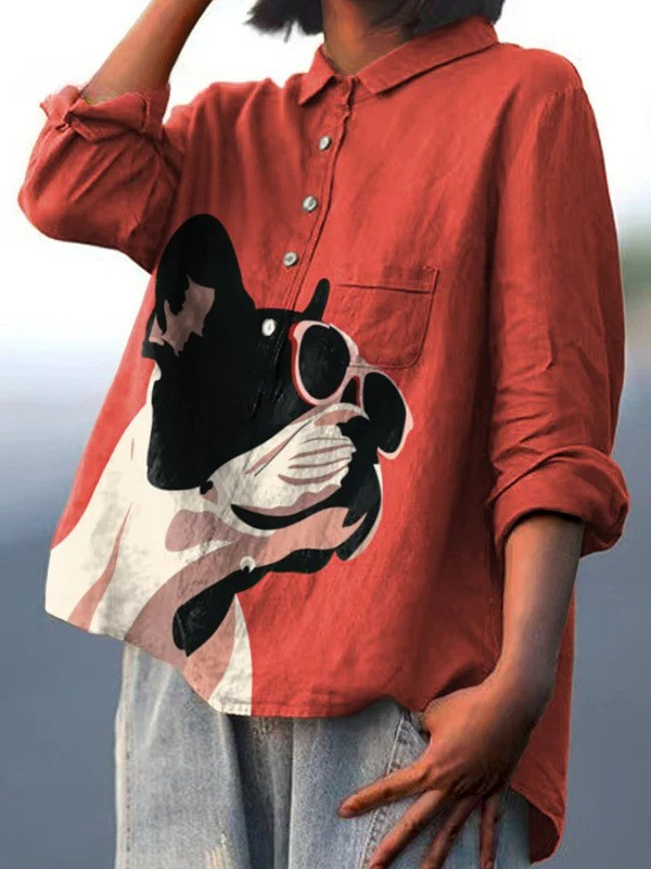 Chemise Samantha Danoir Paris avec motifs Bouledogue Français et lunettes, vêtement pour homme, style coloré et tendance