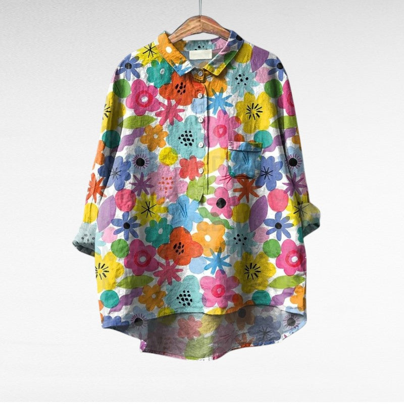 Blouse d'été en lin Thérèse de Danoir Paris, élégante, légère, avec une imprimé floral, parfaite pour la mode estivale.