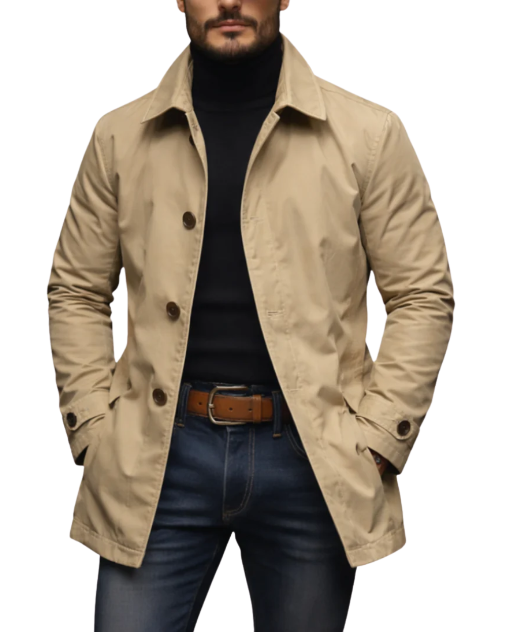 Manteau trench élégant Danoir Paris en tissu beige, porté sur une mannequin, avec col classique et ceinture à la taille.