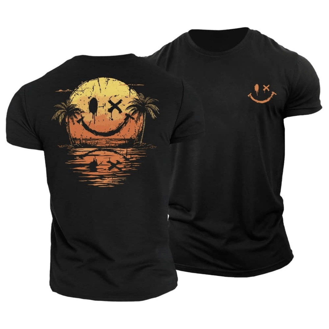 T-shirt beige Danoir Paris avec smiley souriant d'été, coupe classique, en coton léger, idéal pour la saison estivale.