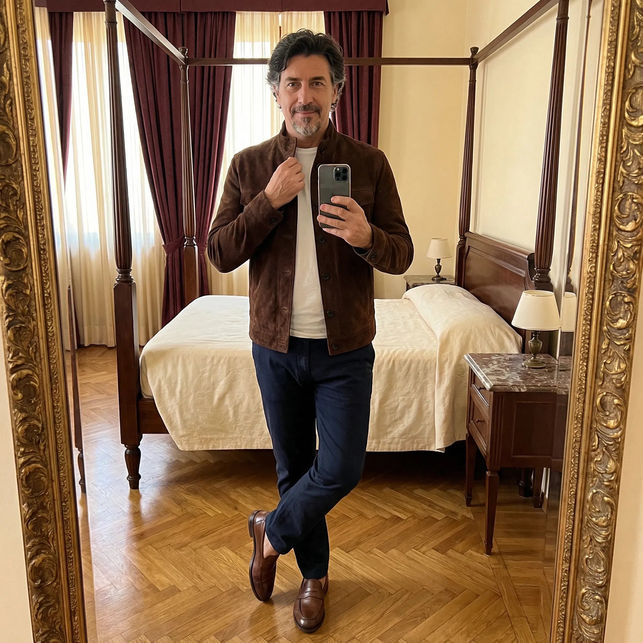 Veste en daim premium Oltrarno™ de Danoir Paris, coupe élégante, en daim beige avec détails raffinés, vue de face.