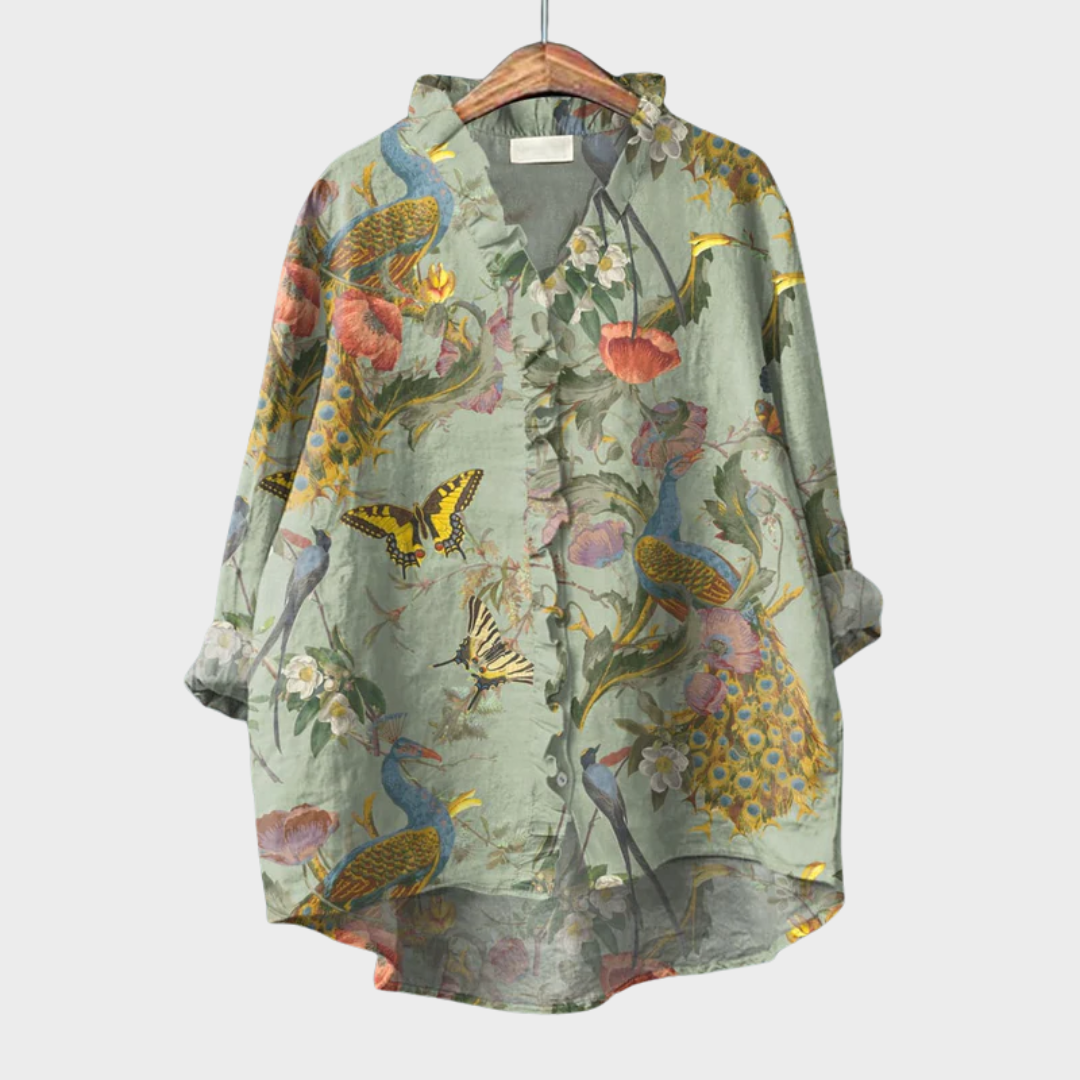 Chemise d'été élégante en lin Danoir Paris Scarlett verte, tissu léger et respirant pour un style chic et décontracté.