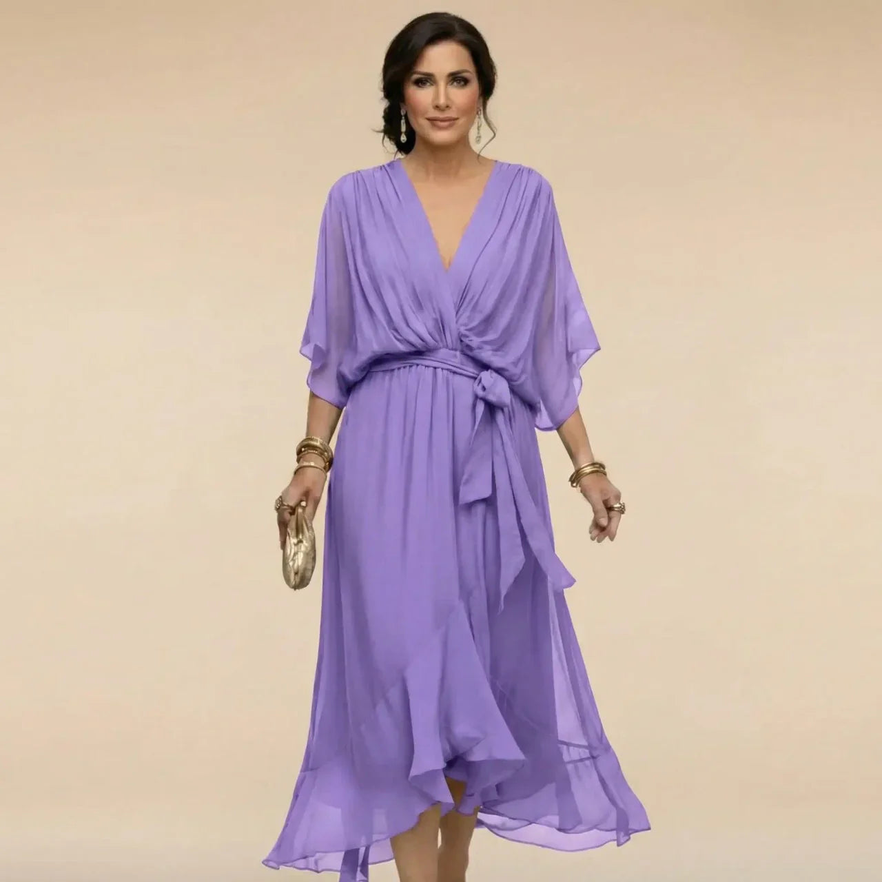 Robe en chiffon MARTA™ de Danoir Paris avec décolleté en V, élégante et fluide, vue de face.