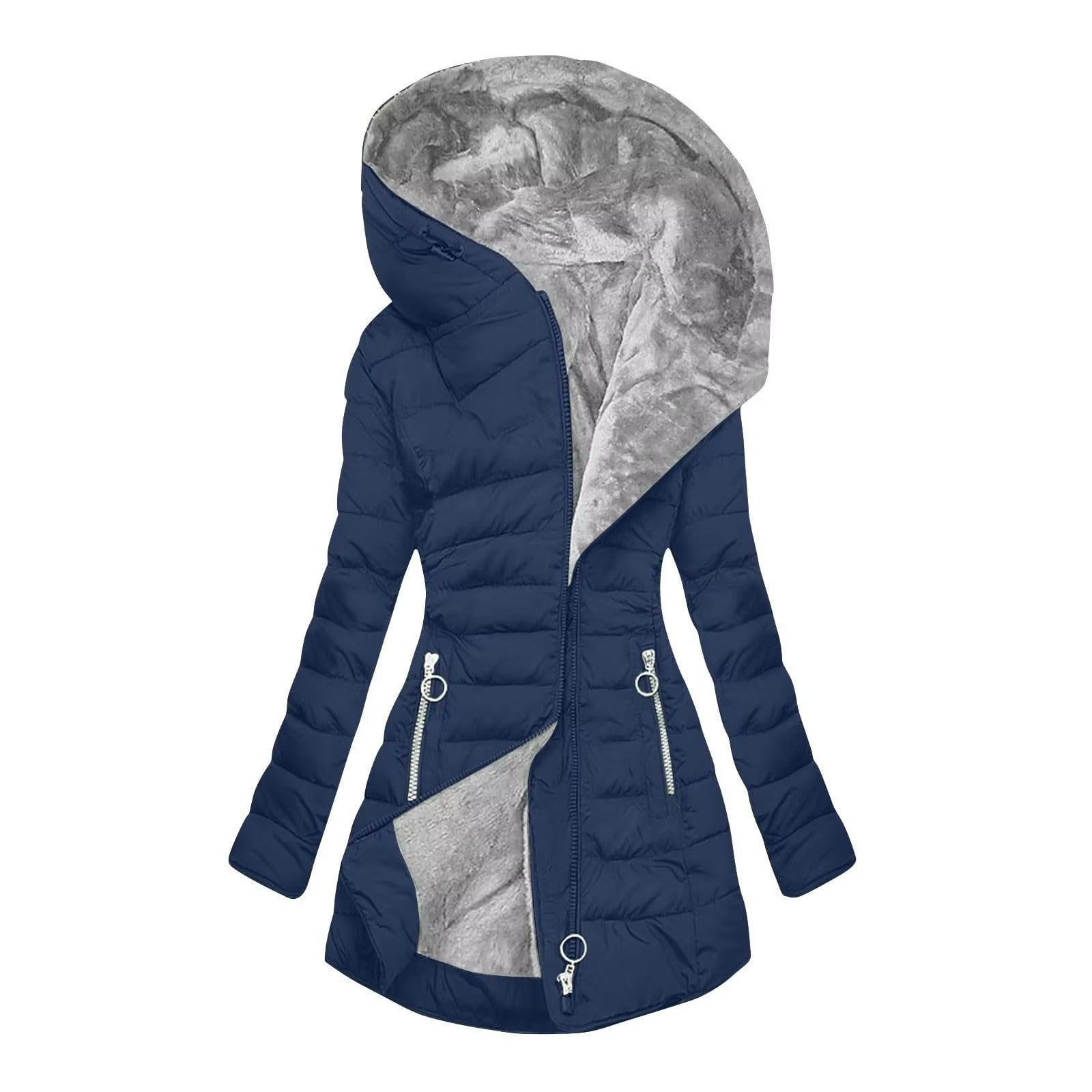 Manteau d’hiver chaud et luxueux Danoir Paris™ en tissu épais, couleur noire, avec col rembourré et fermeture à boutons.